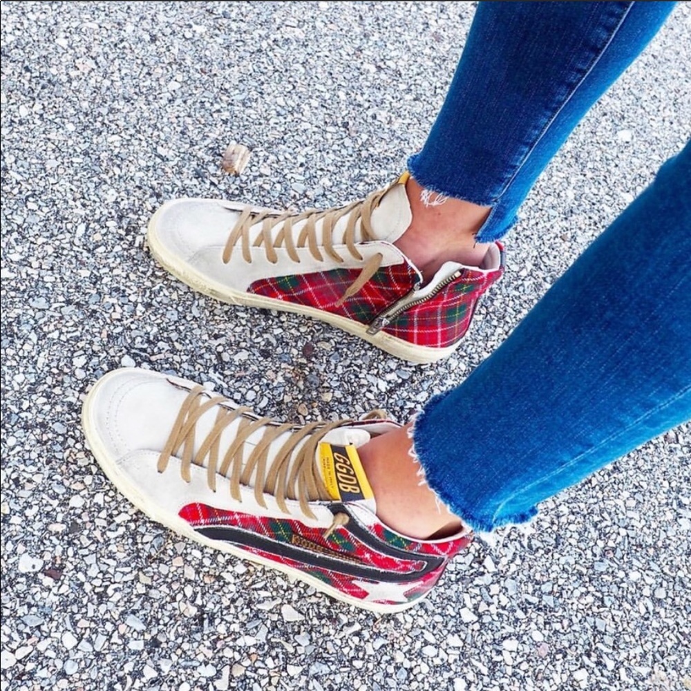 Golden Goose Red Tartan Slide High Top Sneakers